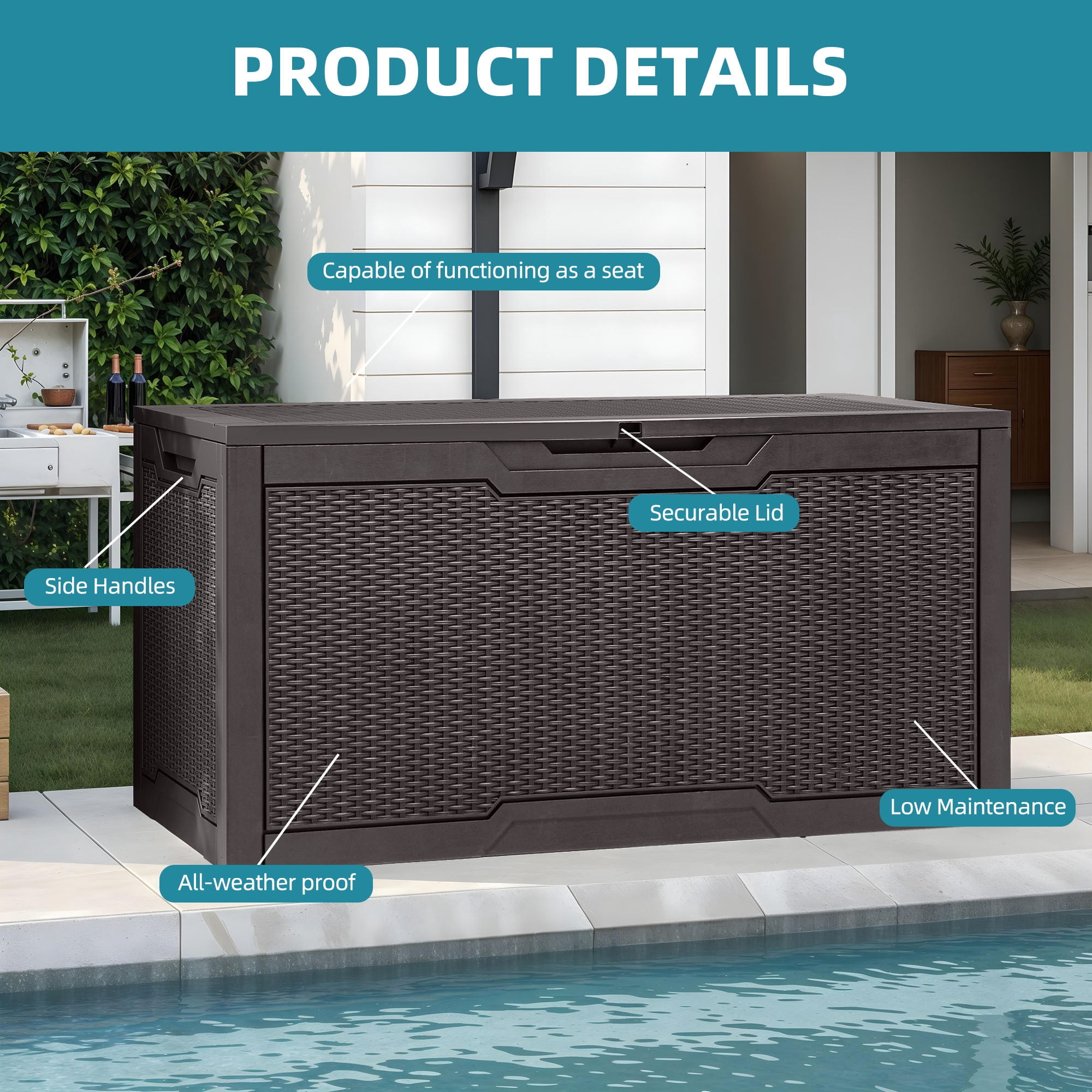 Uforic 100 Gallon Lockable Resin Outdoor Storage Deck Box, Uforic Multipurpose Storage Chest for Patio Accessories Garden Tools Daily Essentials, Weather Resistant, Dark Brown