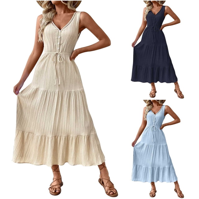 WRKEKC Robes d'Été Décontractées pour Femmes, Robes d'Été Grande Taille, Robe Texturée Sans Manches pour Femmes pour la Plage, Robe Sans Manches à Col en V