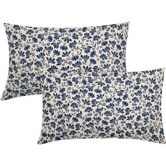 Daisy Floral Block Print Lumbar Pillow Covers 12X20 Inch Navy Blue Beige Flowers Decorative Pillow Cases Set of 2 Farmhouse Home Decor Vintage Rustic Cute Throw Pillows for Sofa Couch Outdoor