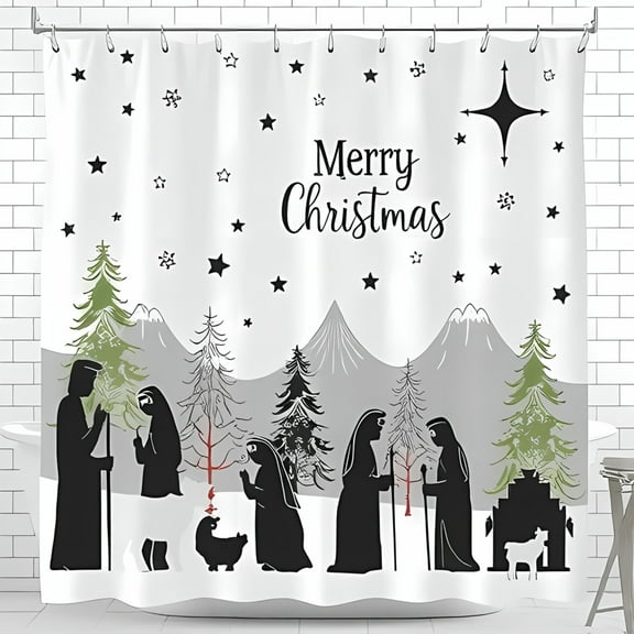 Minimalist Nativity Scene Christmas Shower Curtain - Elegant Silhouettes Snowy Landscape Festive " Merry Christmas " Design Serene Color Palette
