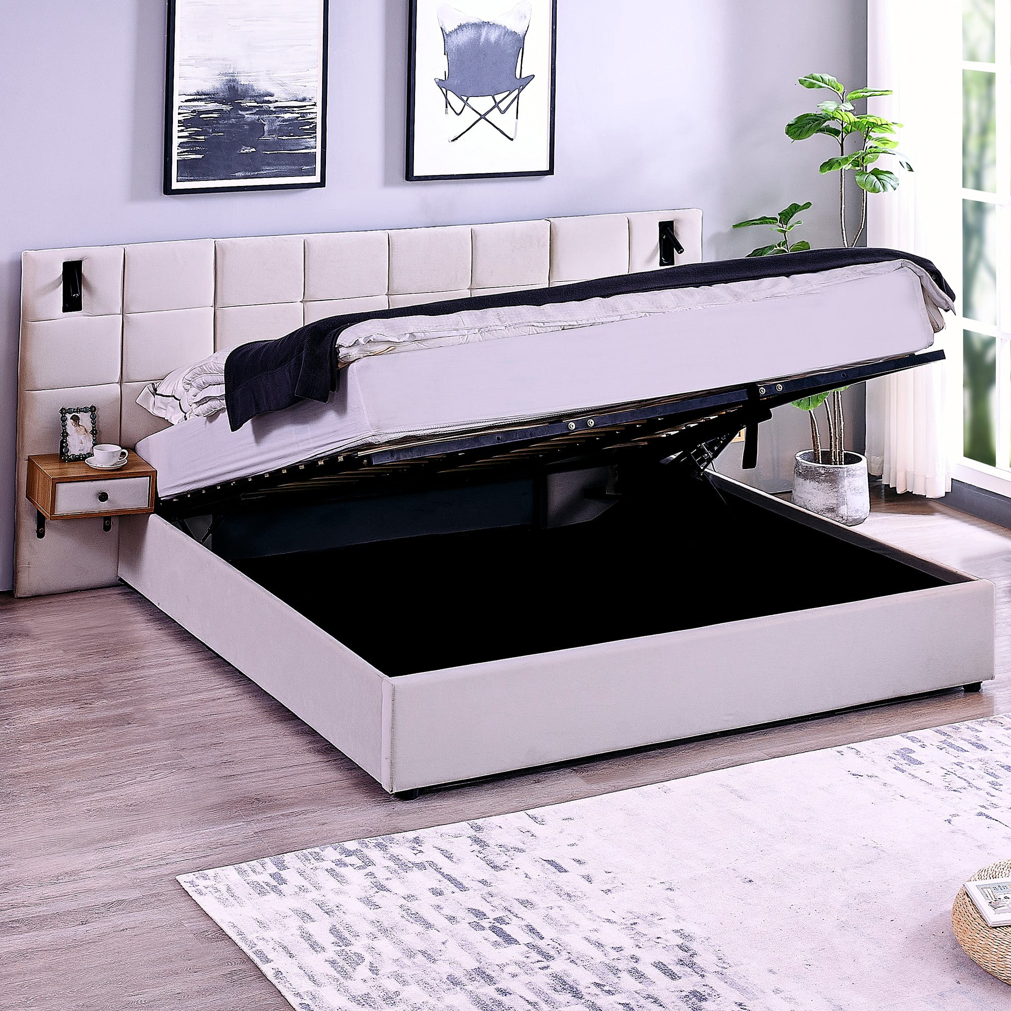 Aukfa King Size Upholstered Bed Frame with Drawers and LED Lights, Hydraulic Platform Bed with USB Port & Oversize Wingback Headboard, Beige
