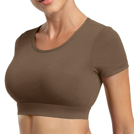 Ogiraw Womens Tops Womens T Shirts Tops for Women Trendy Womens Open Back Tee Tops with Removable Pads Workout Backless T Shirt Bra Top Brown