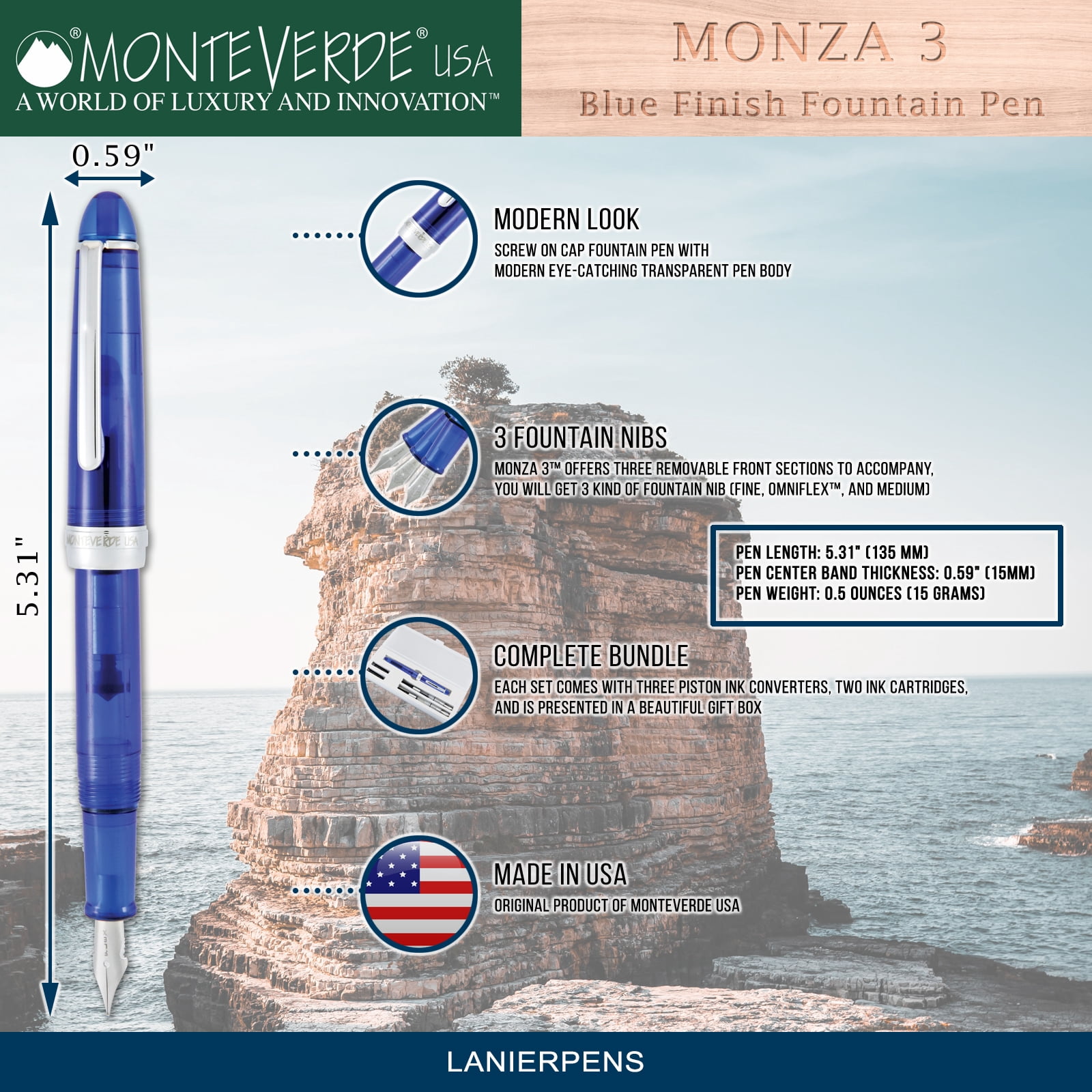 Monteverde Monza 3 Set Crystal Clear Fountain Pen, Blue