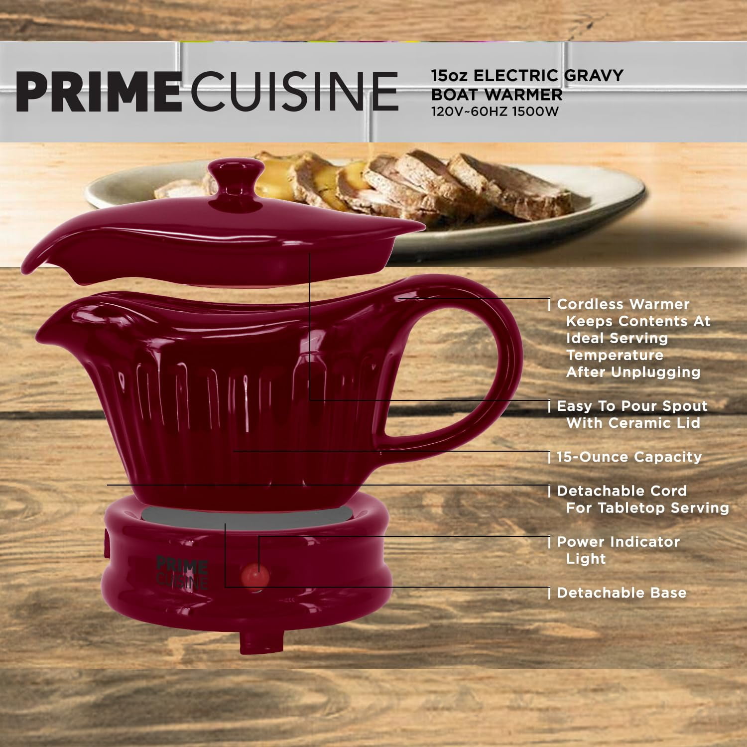 Prime Cuisine 17oz Electric Gravy Boat Warmer, Ceramic Gravy Boat with Detachable Cord and Lid