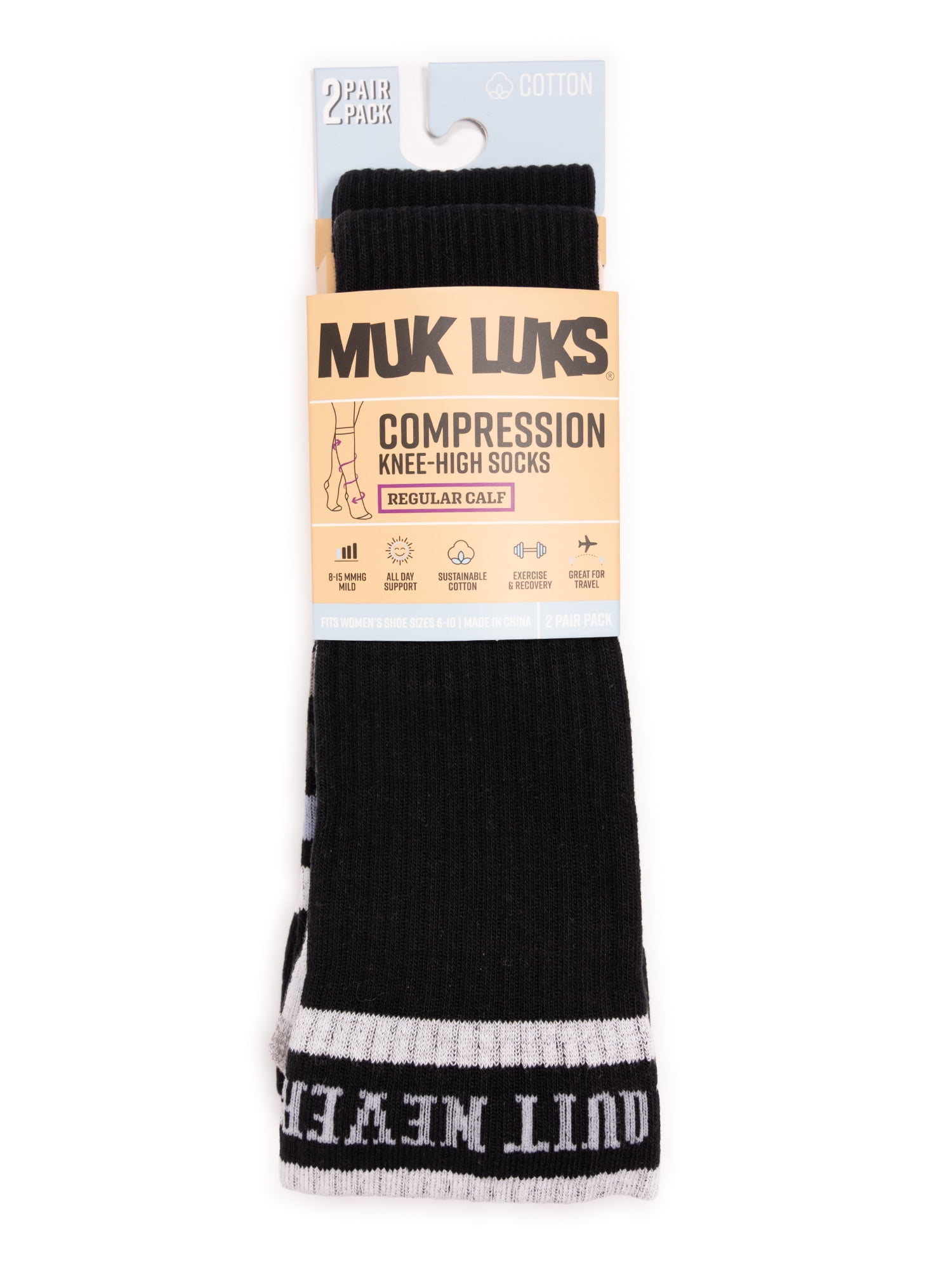 MUK LUKS Women's Regular Width Compression Cotton Knee-High Socks, 2-Pack, Shoe Sizes 6-10