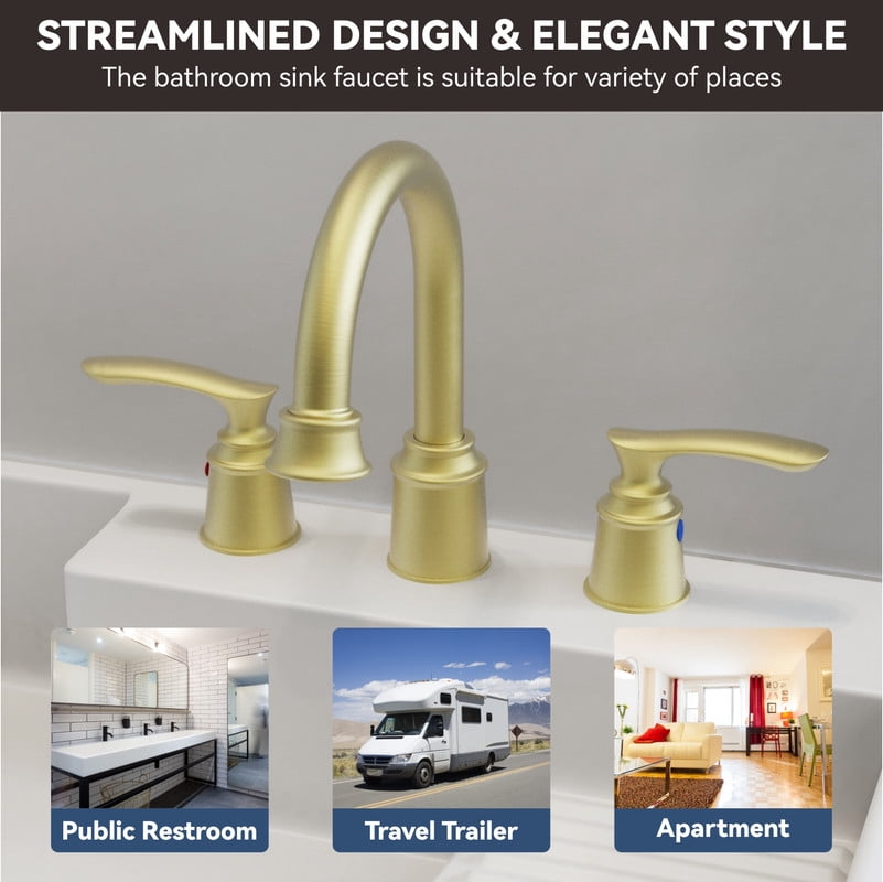AUKTOPT Bathroom Faucet 3 Hole, 10 Inch Widespread Bathroom Faucet with Metal Pop-up Drain Assembly, Two Handle Vanity Faucet, Brushed Gold