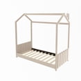 thumbnail image 3 of Twin Size Floor Bed, Velvet House Bed with Roof for Kids Teens Toddler, Wooden Platform Bed with Headboard and Footboard, Bed Frame for Bedroom Dorm, No Box Spring Needed, Can be Decorated, Beige, 3 of 7
