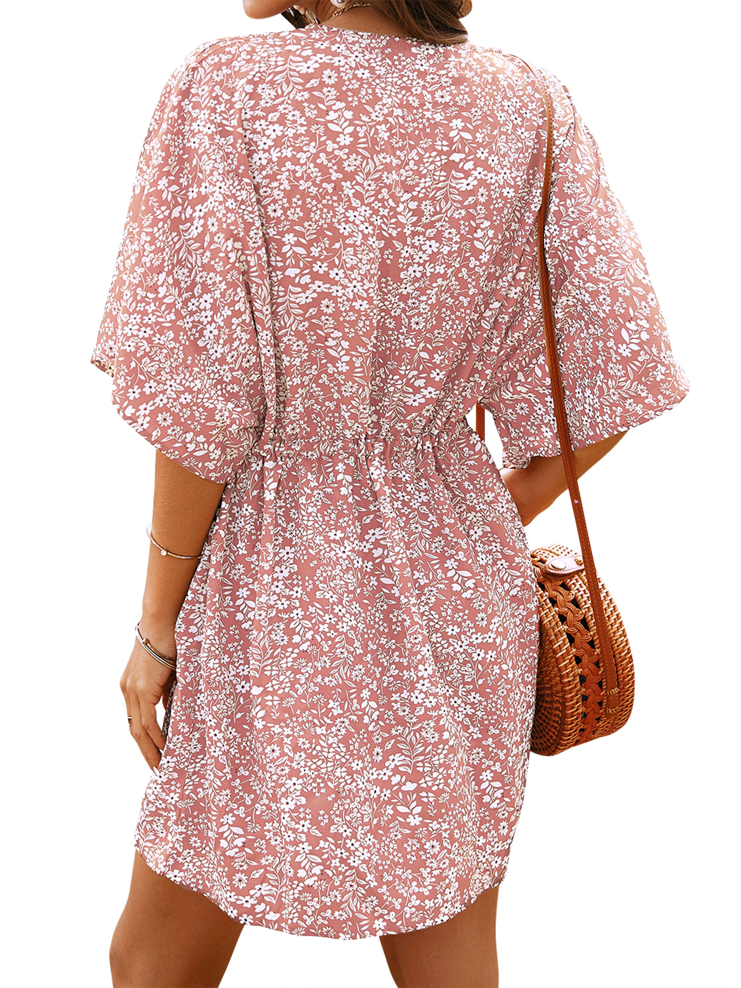 ZXZY Women Floral Printed Buttons Tie Waist Short Sleeves Mini Dress - image 5 of 12