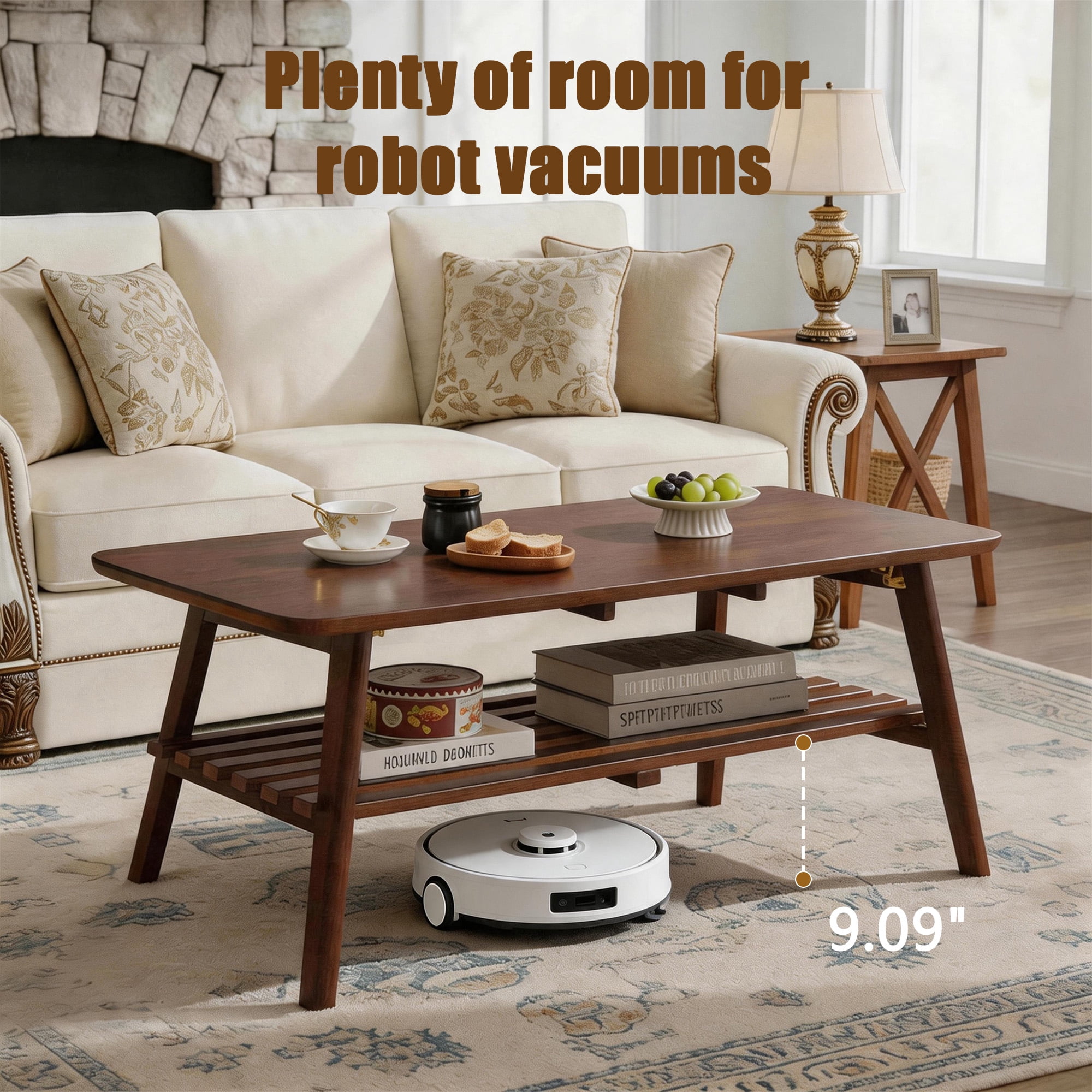 47.2x23.6-Inch Wooden Coffee Table with Storage Shelf, Mid-Century Rectangular Center Table and Side Table for Living Room, Walnut Brown