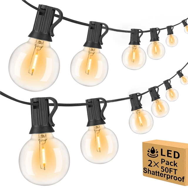 Paquete de 2 luces de cadena para exteriores de 100 pies, impermeables/conectables/regulables con 52 bombillas LED inastillables, certificación UL, globo G40, cadena de luces de 2700 K, iluminación ex