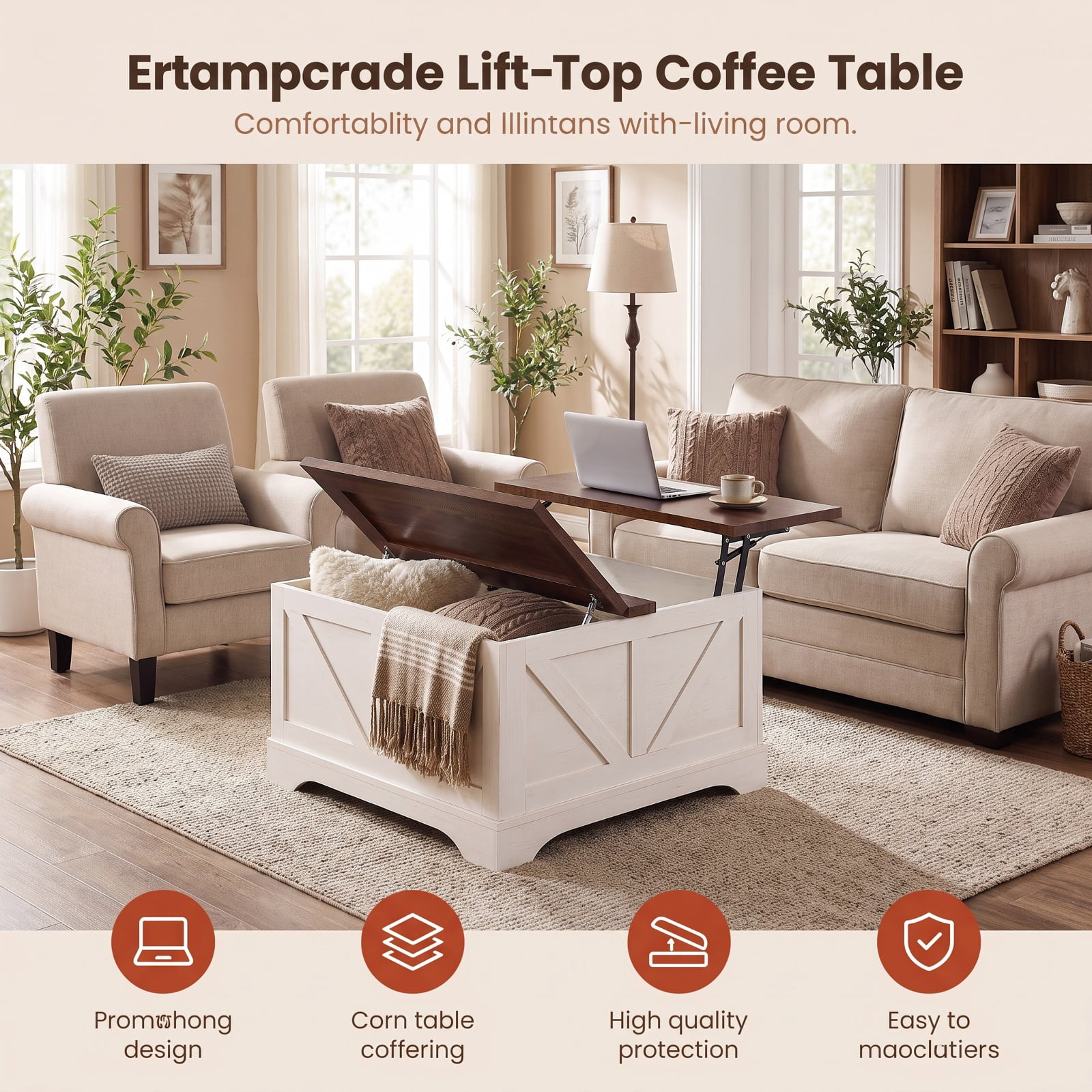 Furnibear 31.5 Inch Square Lift Top Coffee Table with Hidden Compartment and Barn Door Design a Living Room Center Table, Rustic Brown
