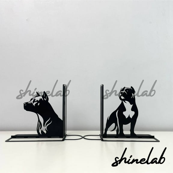 Shinelab Pitbull Dog Metal Bookends Dog Pet Name Bookend Gift, Animal Desk Bookshelf Decor 6413