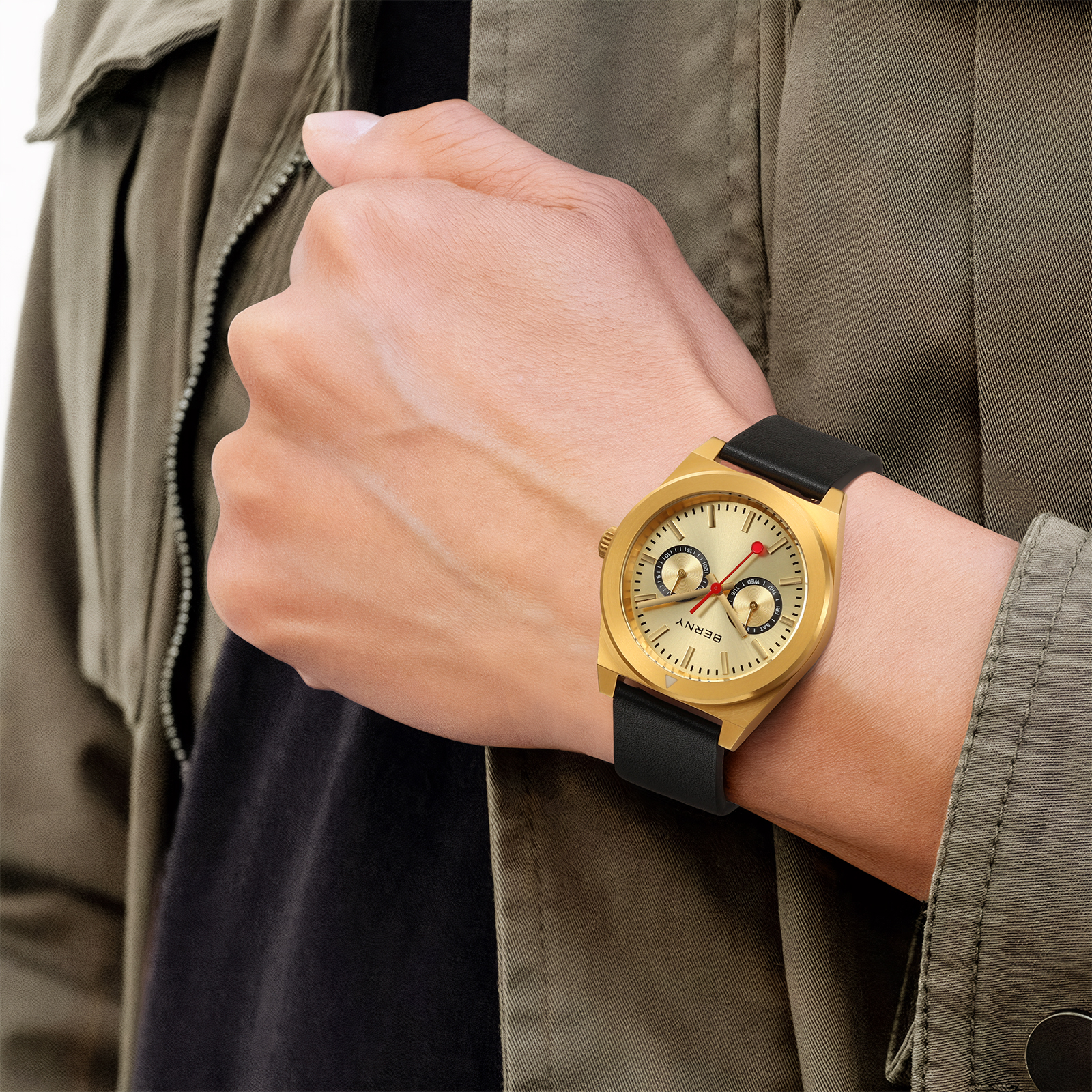 BERNY Gold Watches for Men, Classic Vintage Quartz Analog Watch with Day & Date Calendar, Leather Strap, Stainless Steel, Luminous, Waterproof, Fashion Sport Casual Men's Wristwatch (Gold)