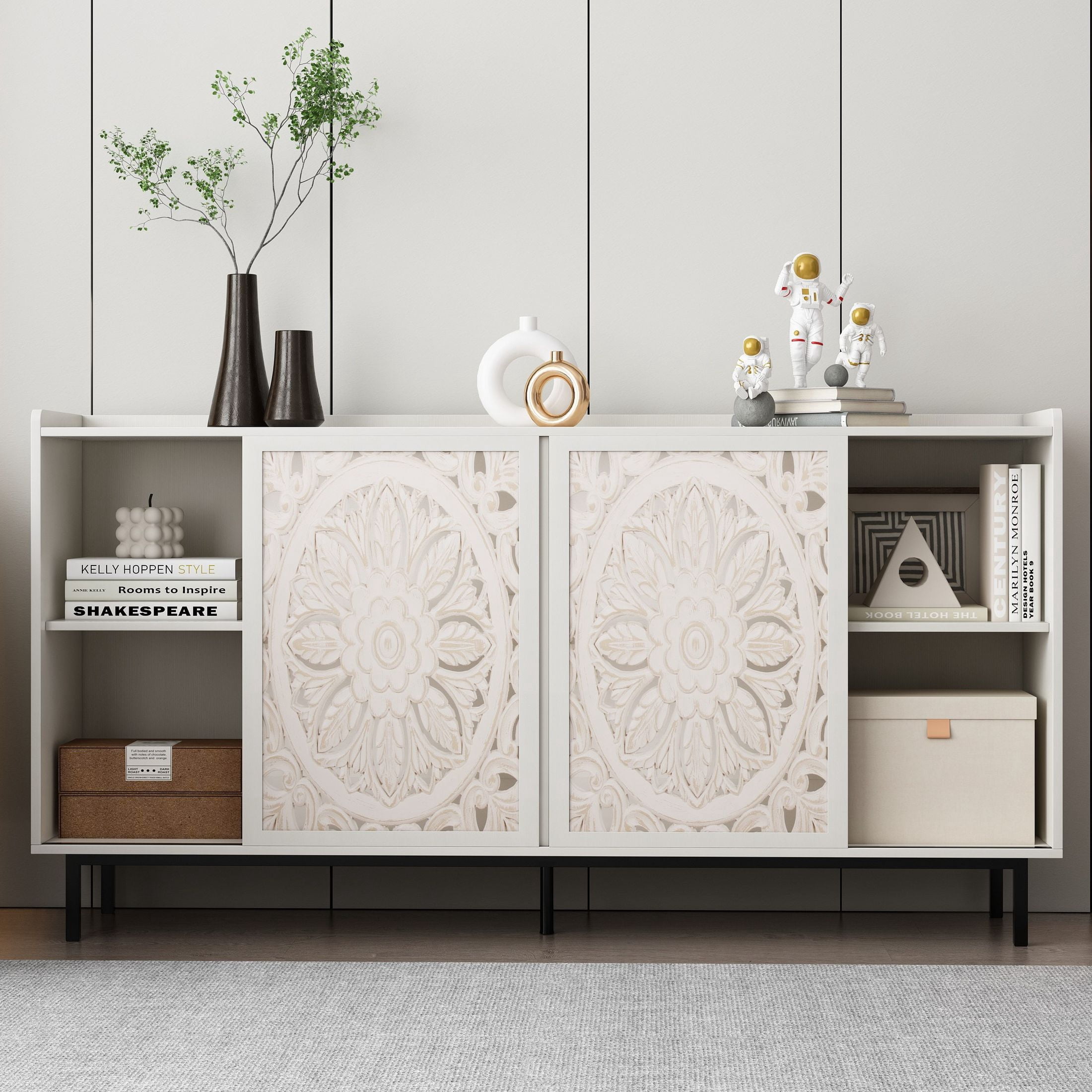 Noble House Udolf 58.6" Hollow-Carved Accent Storage Buffet Cabinet, Handcrafted Wooden Sideboard, Distressed White