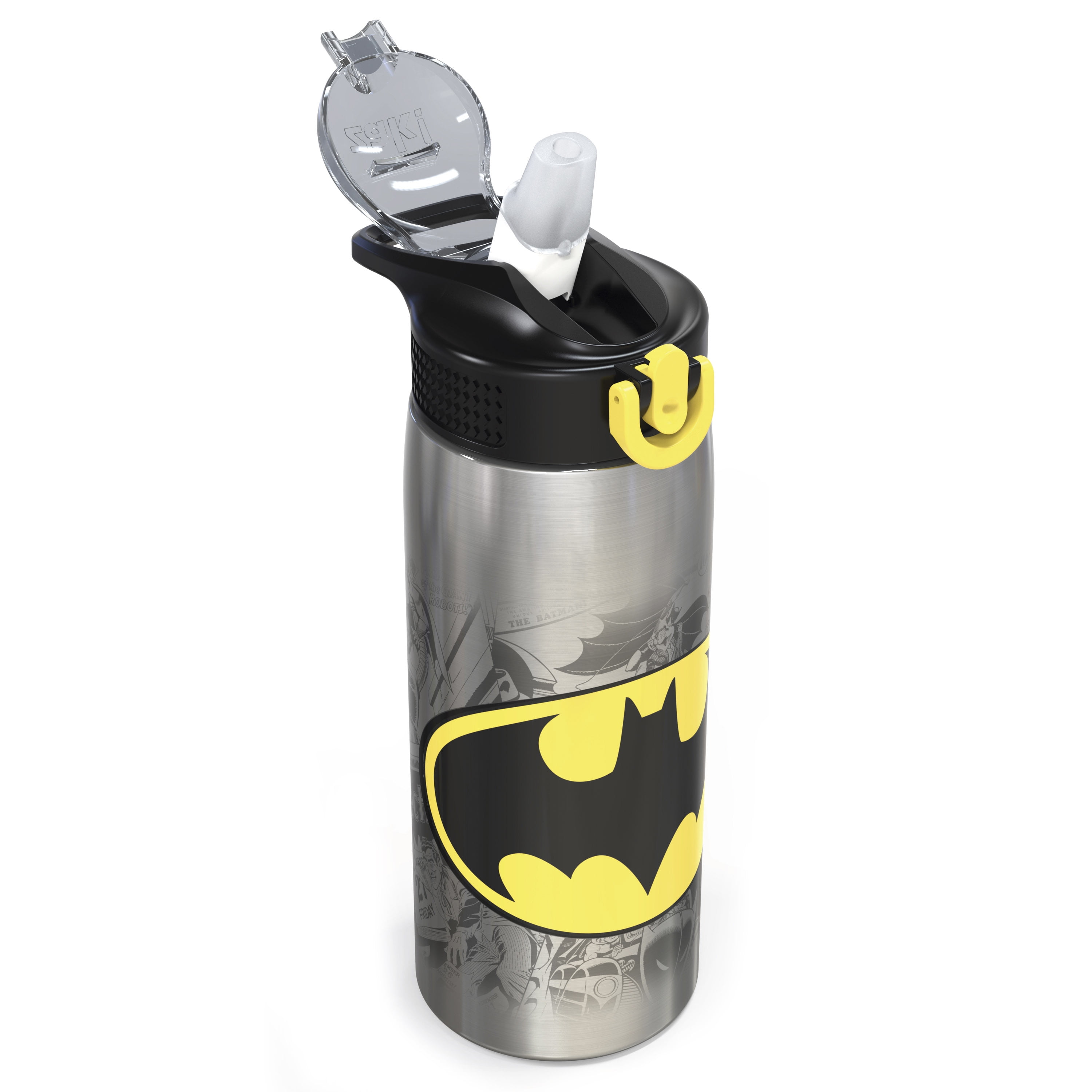 Durable Cup for Sports or Travel Zak Designs 27oz DC Comics 18/8 Single Wall Stainless Steel Water Bottle with Flip-up Straw Spout and Locking Spout Cover 27oz, Batman 