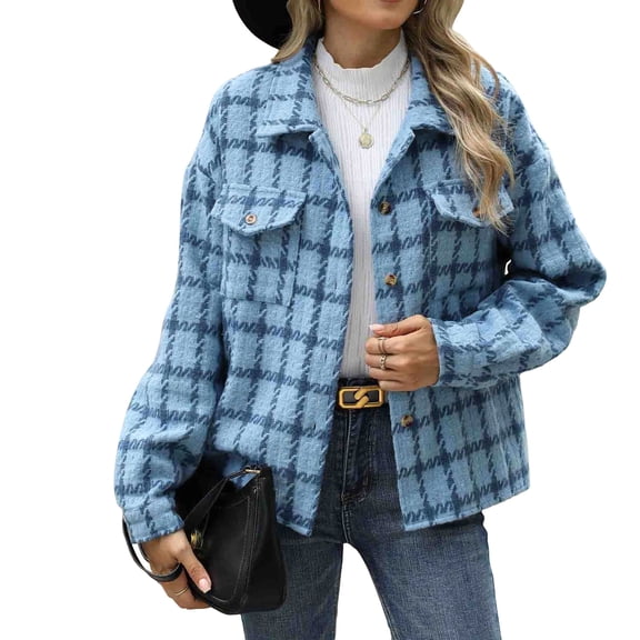 JUUNthy Women's Plaid Shacket, Lapel Collar Long Sleeve Button Down Fall Winter Fashion Jacket Outerwear Blue L