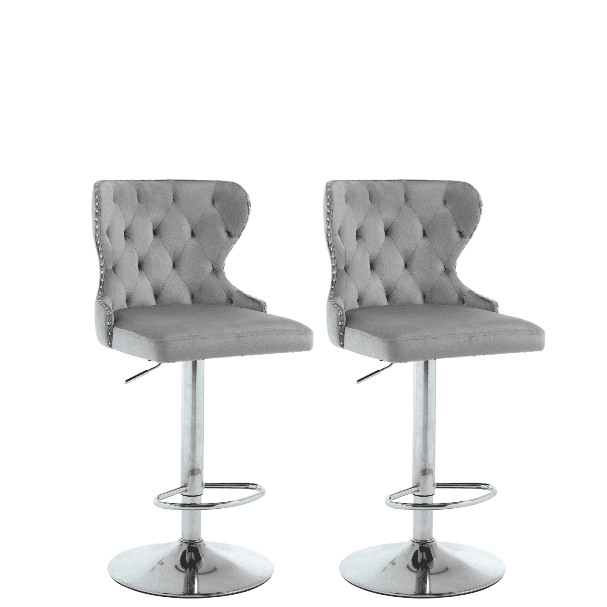 Set of 2 Adjustable Swivel Bar Stools,Velvet Upholstered Counter Height Chairs with Nailhead Trim, Silver Footrest, and High Back for Kitchen Island, Home Bar, Dining Room, Cafe,Gray