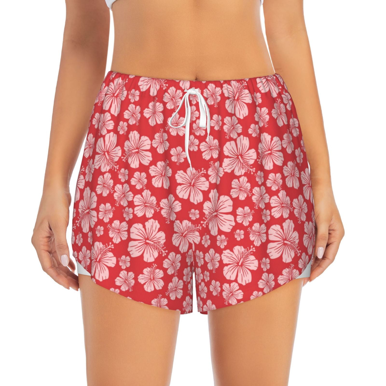Bixox Women's Red Hibiscus Flower pattern 2 in 1 Running Shorts
