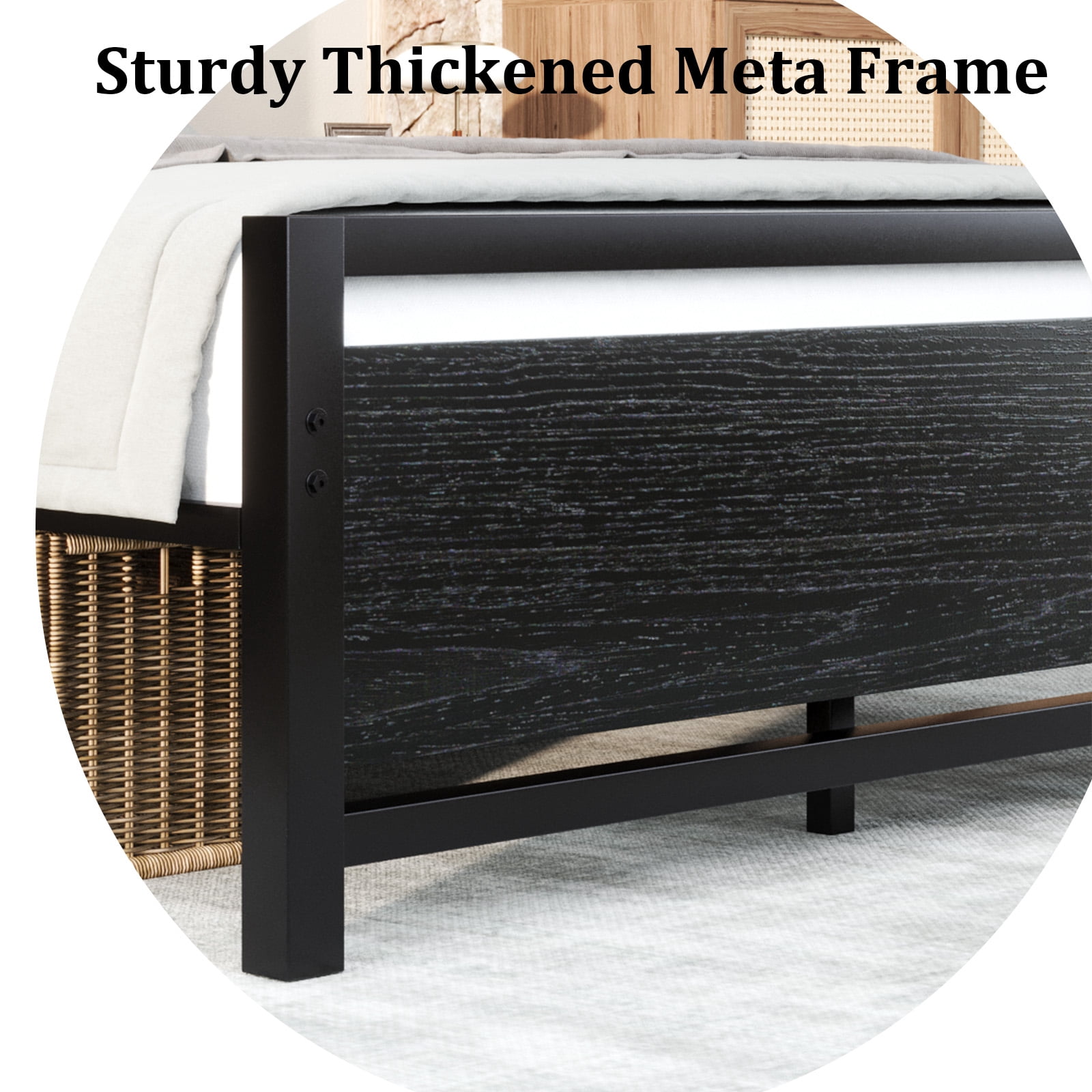 4 EVER WINNER Queen Bed Frames with Headboard, Industrial Style Queen Bed Frame with Storage, Queen Size Bed Frames with Wooden Footboard, No Box Spring Needed, Noise-Free, Easy Assembly, Black Brown