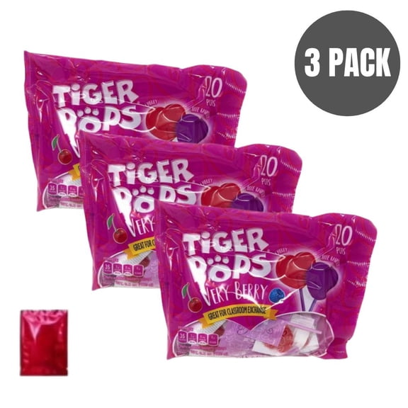 Tiger Pops Very Berry Assorted Fruit Flavor Lollipops, Pack of 3 , Individually Wrapped Candy for Parties, Classroom Exchange, and Celebrations – Bonus LaPrima Morceau Bonbon