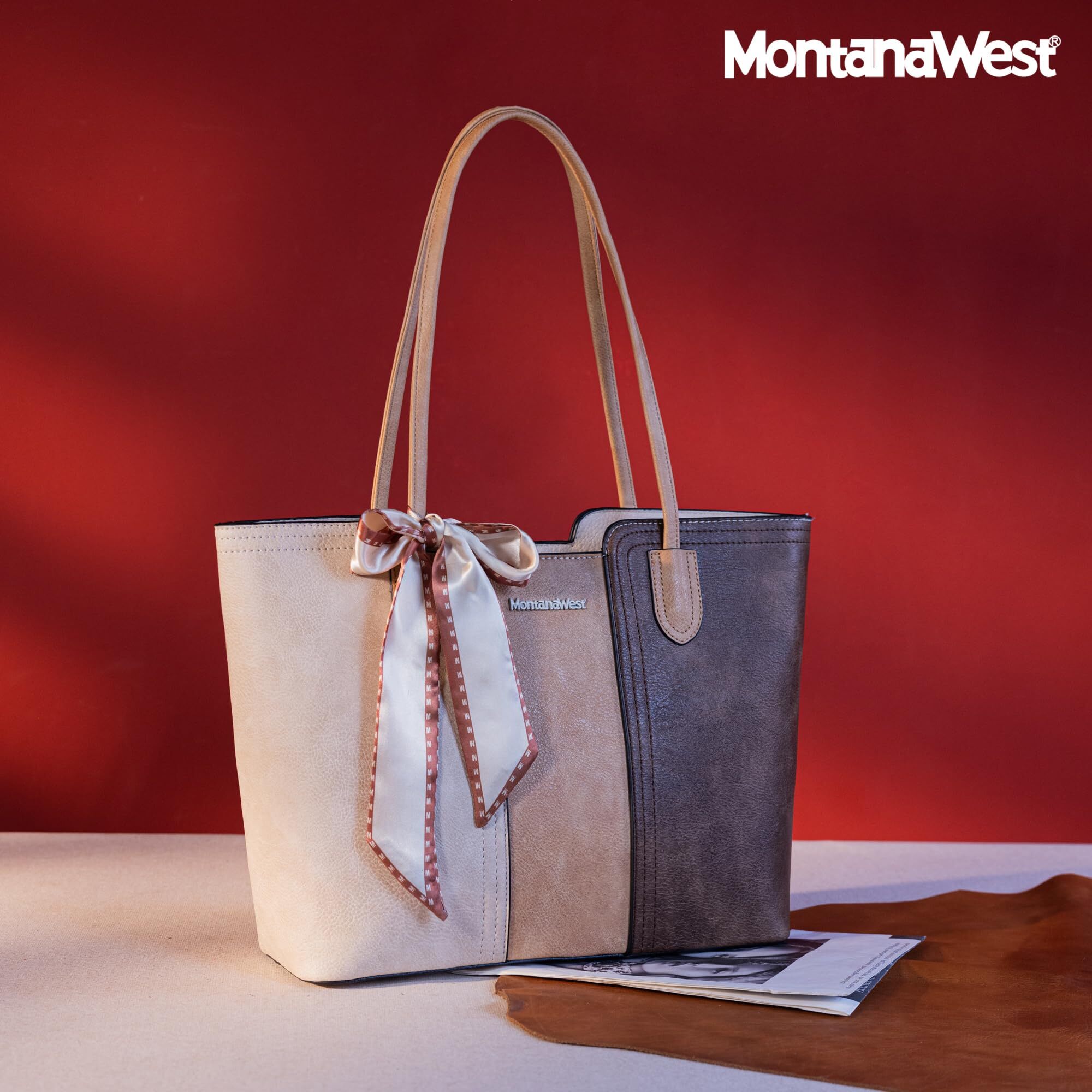 Montana West Tote Bag for Women with Scarf, Beige photo 2