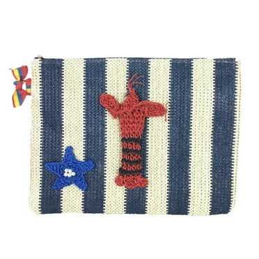 Blue Island Lil Lobster Striped Straw Clutch, Blue/Natural