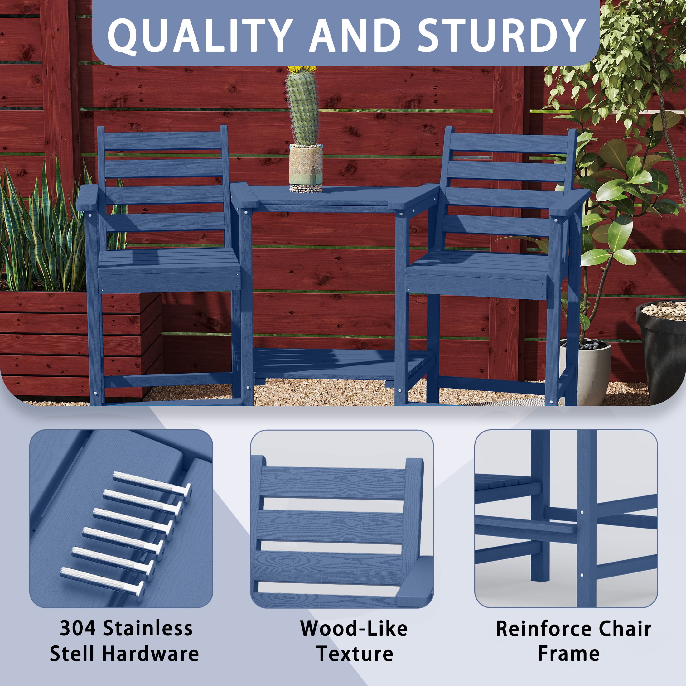 AreShark HDPE Tall Adirondack Chair Set with Removable Double Trays (Set of 2) Navy