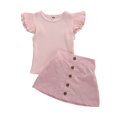 thumbnail image 2 of Kid Baby Girl Summer Clothes, Basic Plain Ruffle Sleeve Knit Top + Button Skirt 2 Piece Outfit Set, 2 of 4
