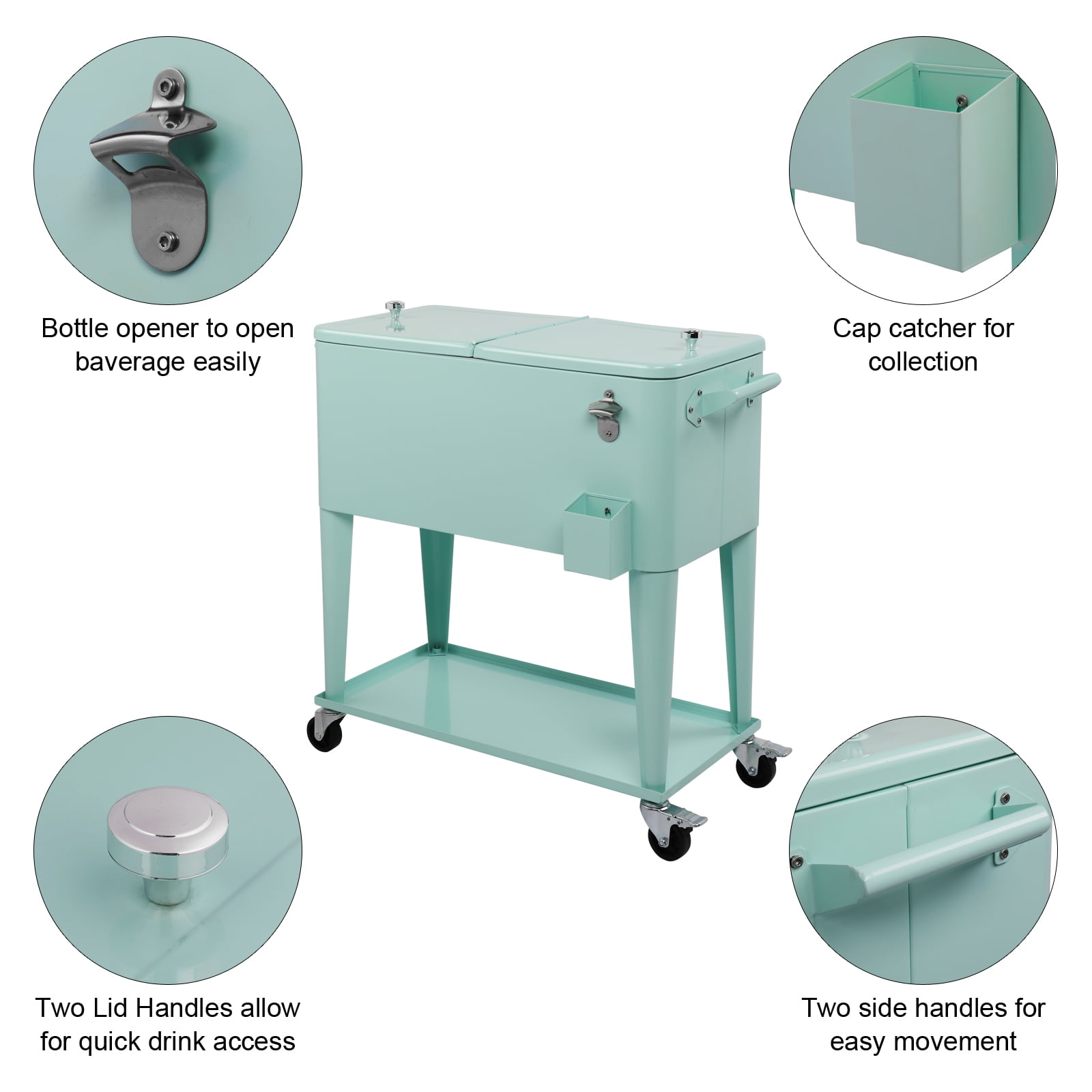 BAYUELSWU 80 Quart Patio Cooler Rolling Cooler Ice Chest with Wheels, Cooler Carts Square with Shelf and Bottle Opener Portable for Outdoor Indoor Party Camping (Mint)