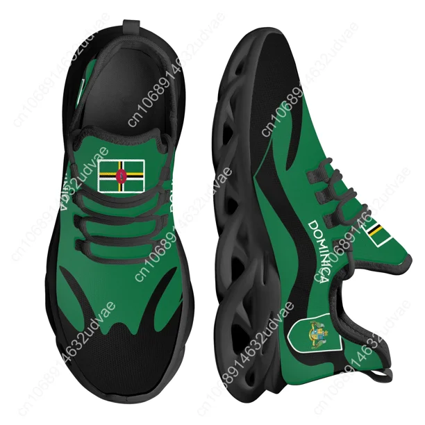 Zapatillas deportivas de diseño con la bandera de Dominica para mujer, cómodas zapatillas deportivas de plataforma con estampado de bandera, suela blanca, zapatos de punto con cuchillas.