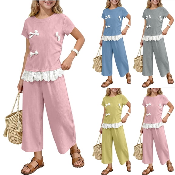 SGFCWSX Girls 2 Piece Outfits Bow Lace Hem Short Sleeve Tops Wide Leg Capri Pants Summer Casual Clothes Set Pink Size 8