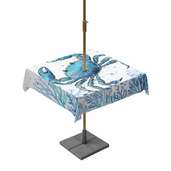 Outdoor Tablecloth with Umbrella Hole for Patio/Picnic/Party/Camping, Blue Coastal Crab Waterproof Table Cloth Square Cover Washable, Summer Ocean Coral Sea Fish Abstract (60"x 60")