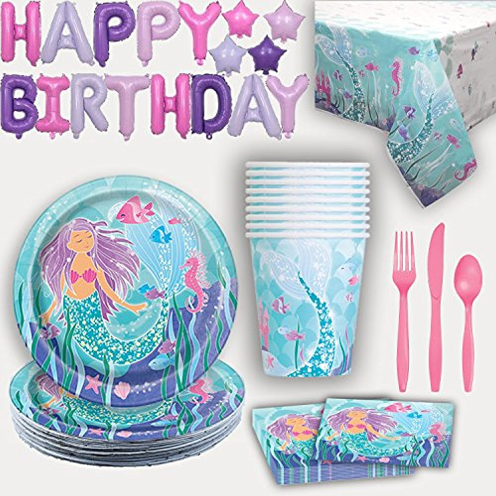 Mermaid Party Supplies for 16. Plates, Cups, Napkins, Tablecloth