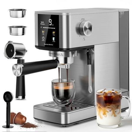 Auseo 20 Bar Coffee Maker with Color Touchscreen, Espresso Machine with Milk Frother Steam Wand, 1.4L Removable Water Tank, Capsules Compatible & Ground Coffee, Silver.