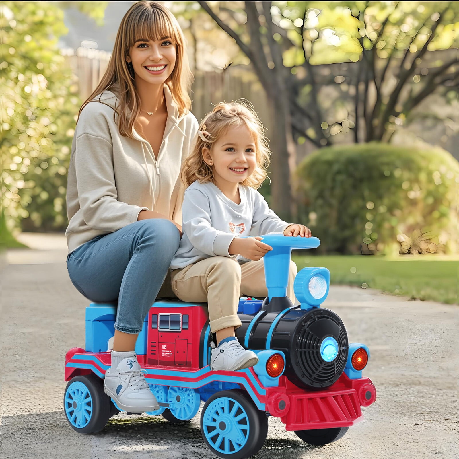 Blue 2-Seater 12V Electric Kids Ride On Train Toy Car Boys Girls Gift w/2 Speed,Music,Lights,Honk,Storage,USB,Support to 110LBS