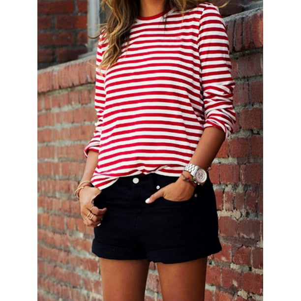 T Shirt a Manches Longues Raye Rouge Blanc pour Femmes Coton Ample Basique Col Rond Automne Nouveau Walmart