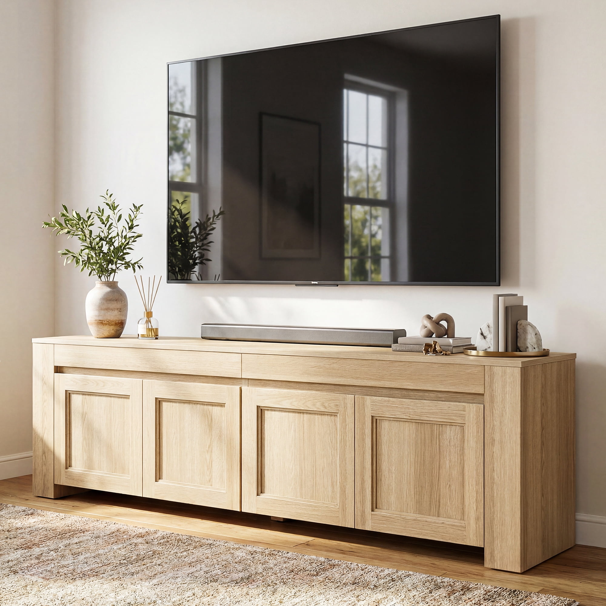 Uforic 70 Inch Modern Farmhouse TV Stand for Up to 80 Inch TVs with 4 Storage Doors & Inner Shelves for Living Room, Natural Oak