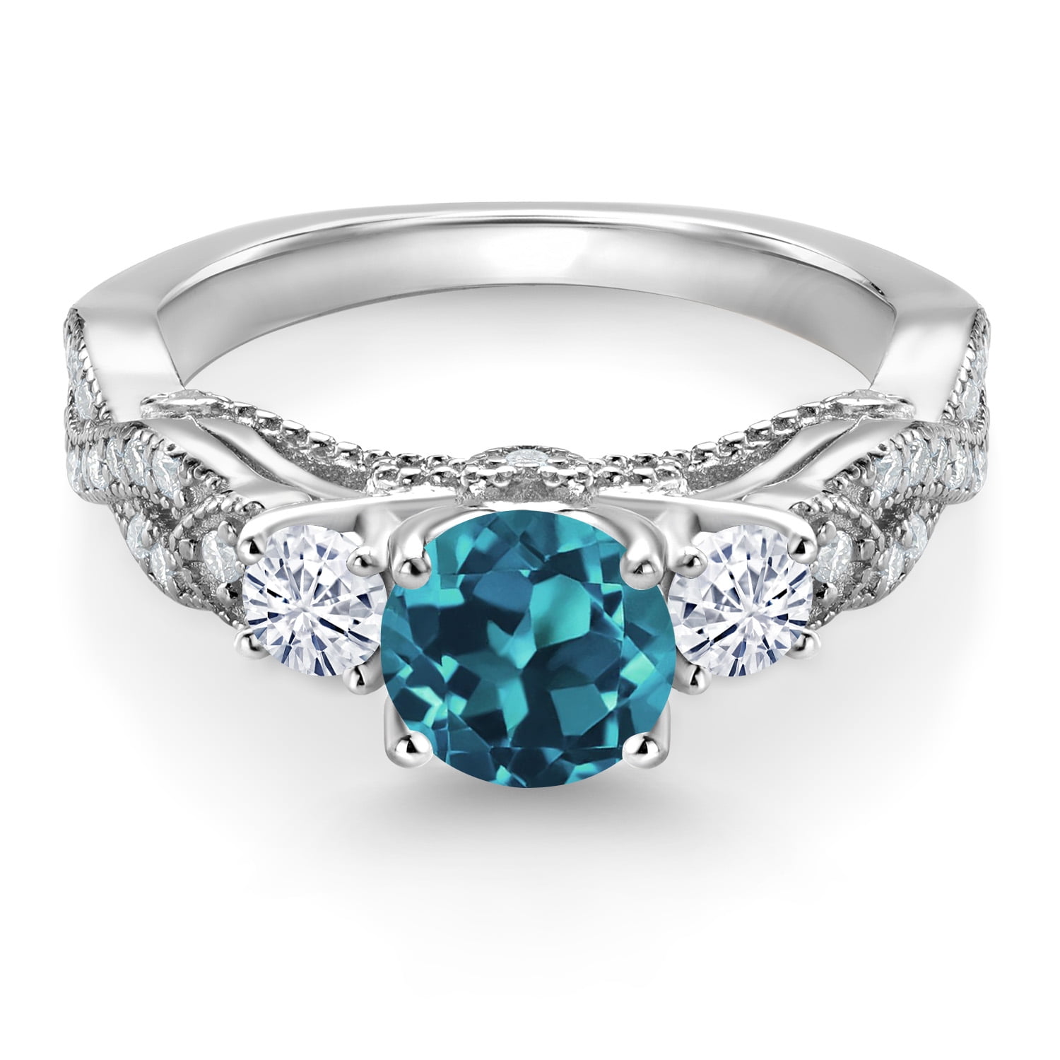 Gem Stone King 925 Sterling Silver London Blue Topaz and White Moissanite Engagement Ring for Women | 1.57 Cttw | Gemstone Birthstone | Round 6MM and 3MM (Size 8)