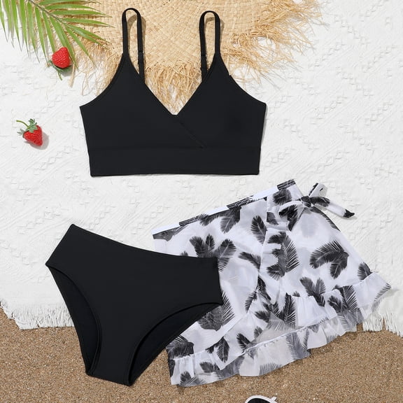 EliteGoogv Girls 3 Piece Swimsuit Bathing Suit Floral Print Bikini Set With Skirt Summer Beachwear Black
