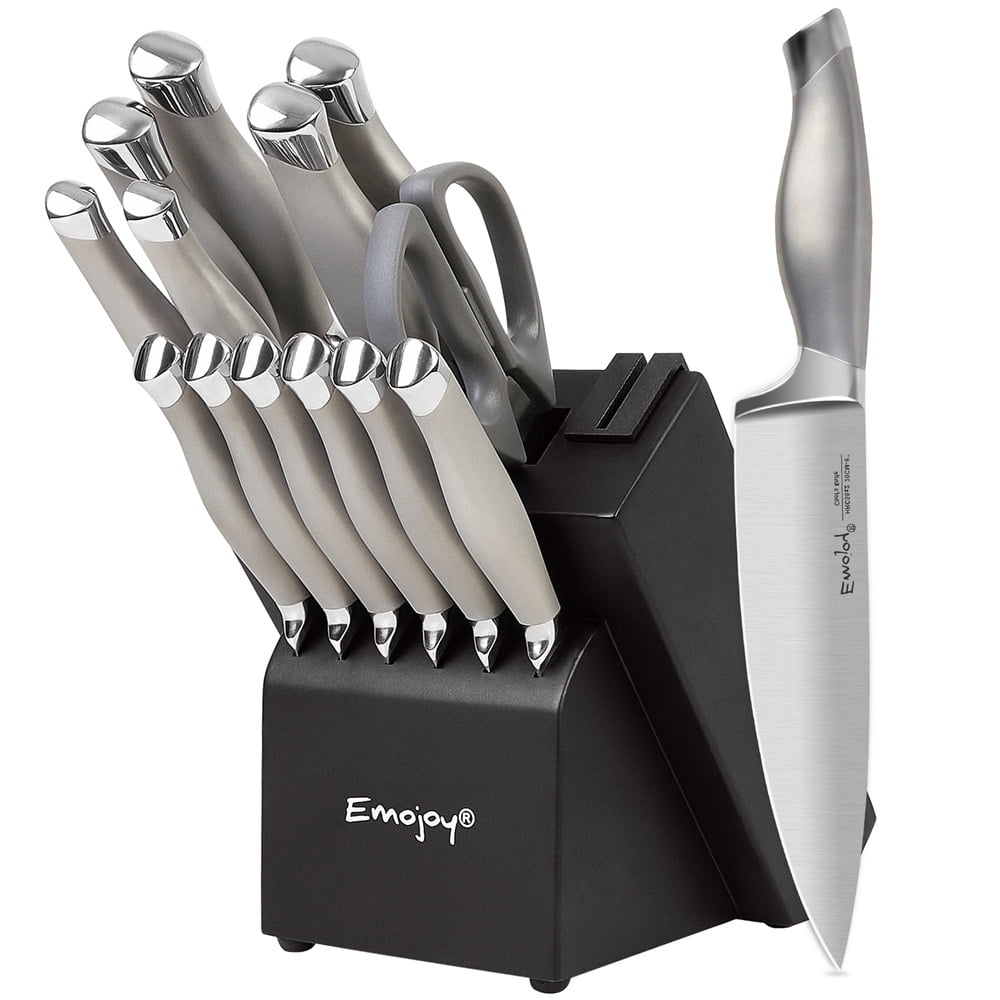 Emojoy 15 PCS Kitchen Knife Set with Wooden Block and Sharpener