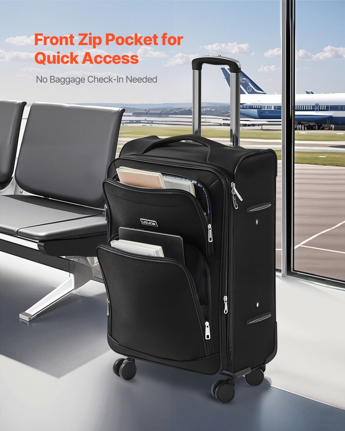 VEVOR Softside Expandable Luggage with Spinner Wheels, 24-Inch Softside Checked Medium Luggage, Lightweight Checked Suitcase with Expandable Zippered Pocket and TSA Lock, Black