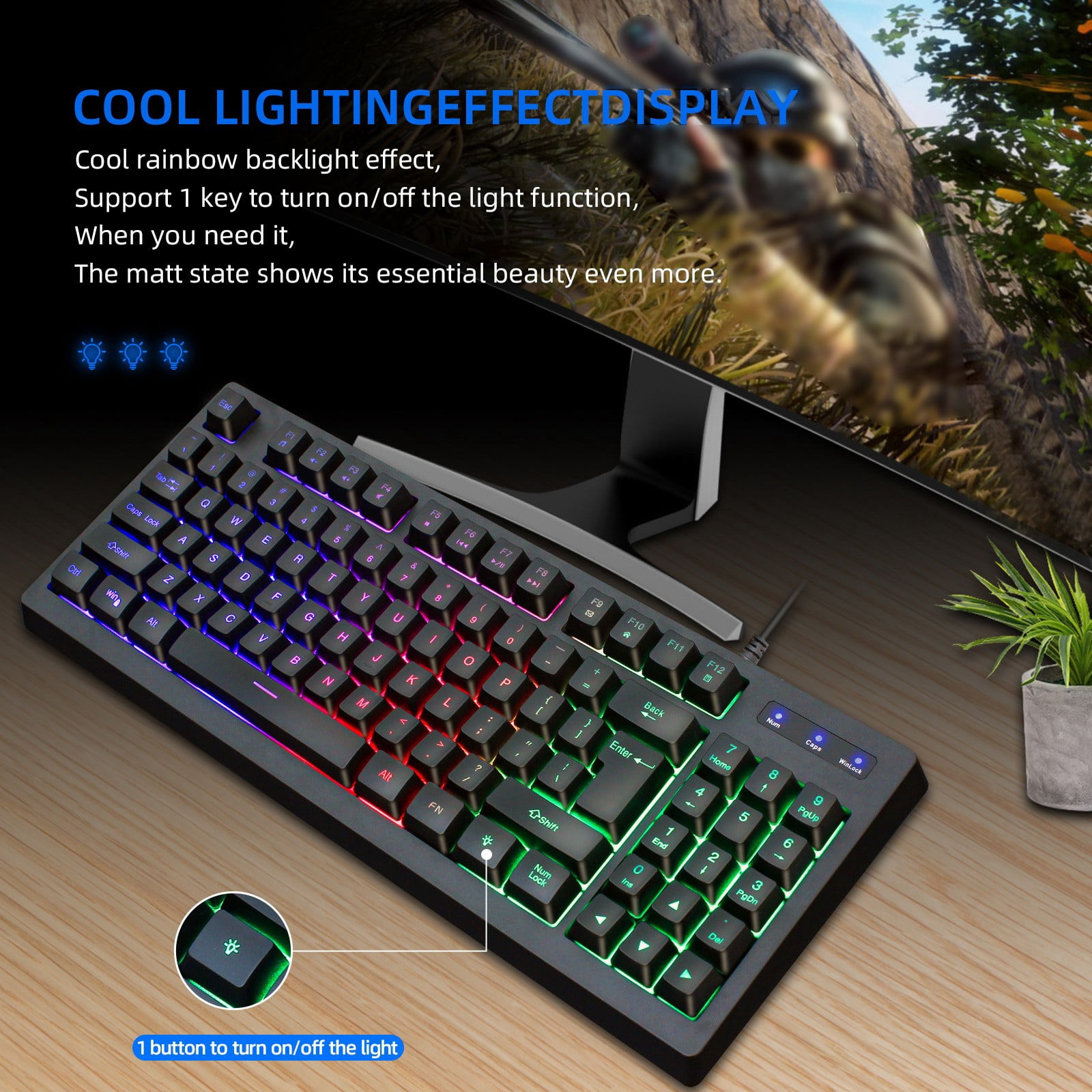 Wired Illuminated 87 Keyboard Mechanical Feel Gaming Keyboard Gaming Desktop Computer Laptop Keyboard Compact Form Factor, Tactile Switch With Ergonomic Vertical feel For Notebook PC