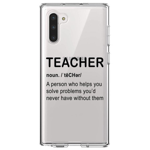 DistinctInk Clear Shockproof Hybrid Case for Samsung Galaxy Note 10 (6.3" Screen) - TPU Bumper Acrylic Back Tempered Glass Screen Protector - Teacher Definition Solves Problems