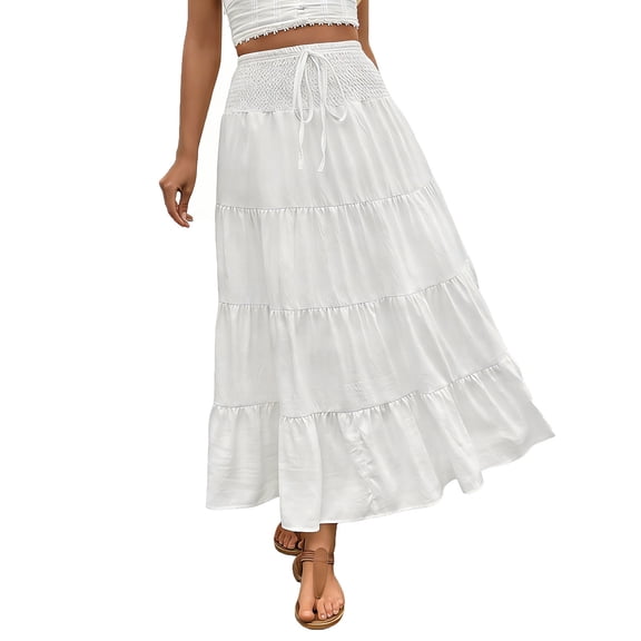 Ytndtr Women's Long Maxi Skirts Tiered Elastic High Waist Boho Layered A-Line Casual Midi Dress