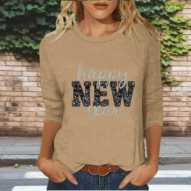 HongQid T-Shirts à Manches 3/4 pour Femmes, Graphiques, Décontractés, Coupe Ample, Col Ras du Cou, T-Shirts Mignons Unis, Tuniques à Manches Trois Quarts