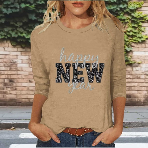 TaTaai 3/4 Sleeve Round Neck Printed Top, Women's Loose Casual Blouse, Versatile Cool Design, Suitable for Home Daily Casual Outfits Gift