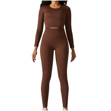RYRJJ Seamless Workout Outfits for Women 2 Piece Ribbed Long Sleeve Crop Top and Butt Lifting High Waist Leggings Matching Yoga Sets Sweatsuits(Brown,S)