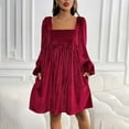 thumbnail image 5 of Women's Tie Back Square Neck Velvet B`abydoll Dresses Puff Long Sleeve Short Mini Dress, 5 of 8