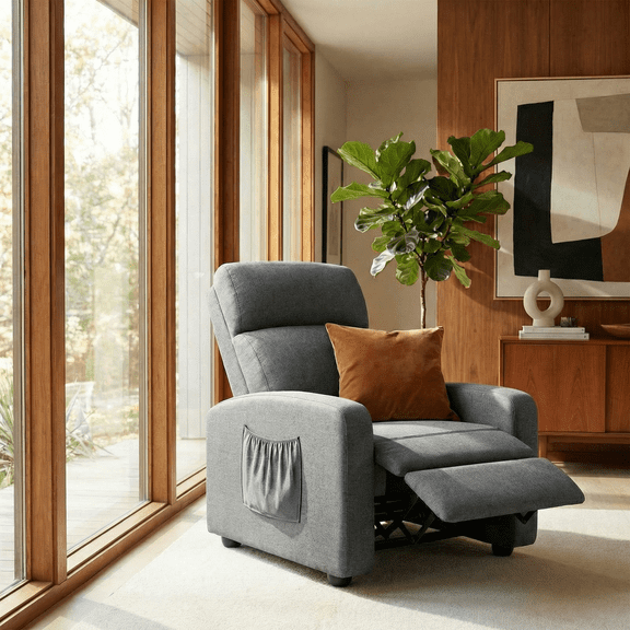 Pirecart Recliner Chair with Adjustable Backrest and Footrest, Single Sofa Chair with Thicker Seat Cushion and a Side Pocket, Recliner Sofa for Living Room, Line, Gray