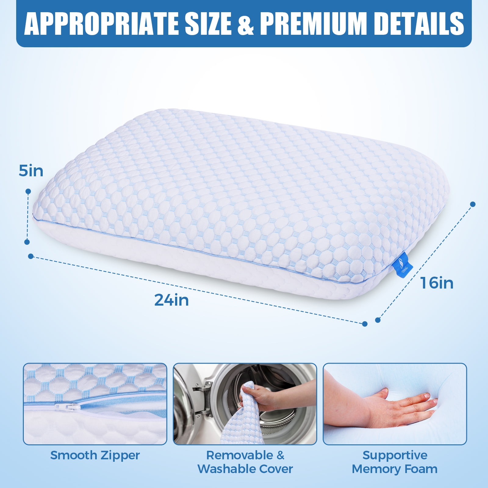 SORMAG Memory Foam Pillow for Bed, Firm Cooling Pillow with Washable Cover, Supportive Bed Pillow for Side,Stomach and Back Sleepers,1 Pack,Standard Size 16" x 24"